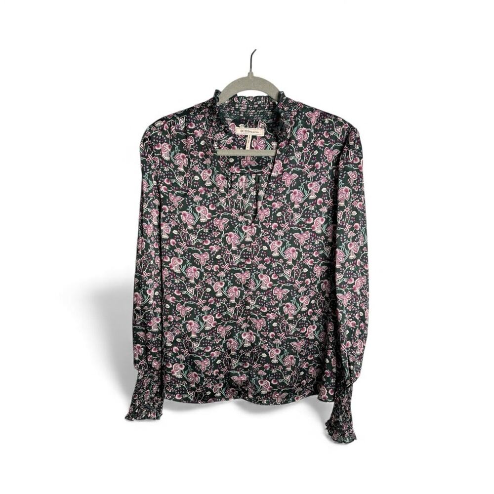 BCBGeneration Purple Green Floral Long Sleeve Smocked V Neck Blouse M
